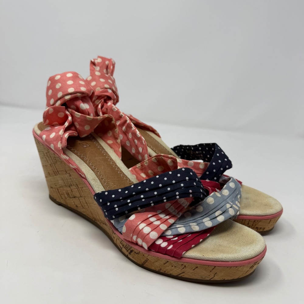 Sperry Top-Sider Women's 10M Polka Dot Cork Wedge Sandals Ankle Tie Pink Navy‎